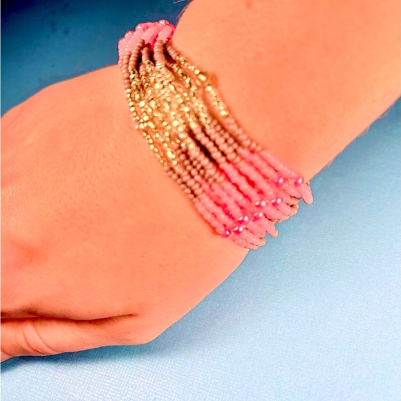 Bracelet Beaded Handmade Unique Pink, Lavender, Silver Loop & Bead Closure 1.5”W - Picture 1 of 9